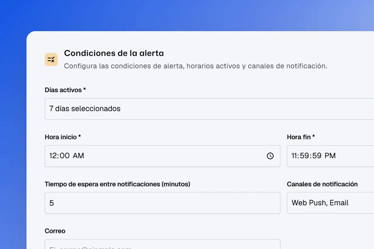 Formulario de condiciones de una alerta con días activos, horario y canales de notificación