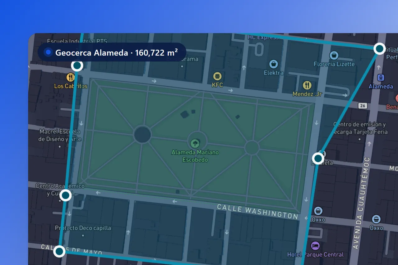 Geocerca poligonal dibujada sobre la Alameda de Monterrey
