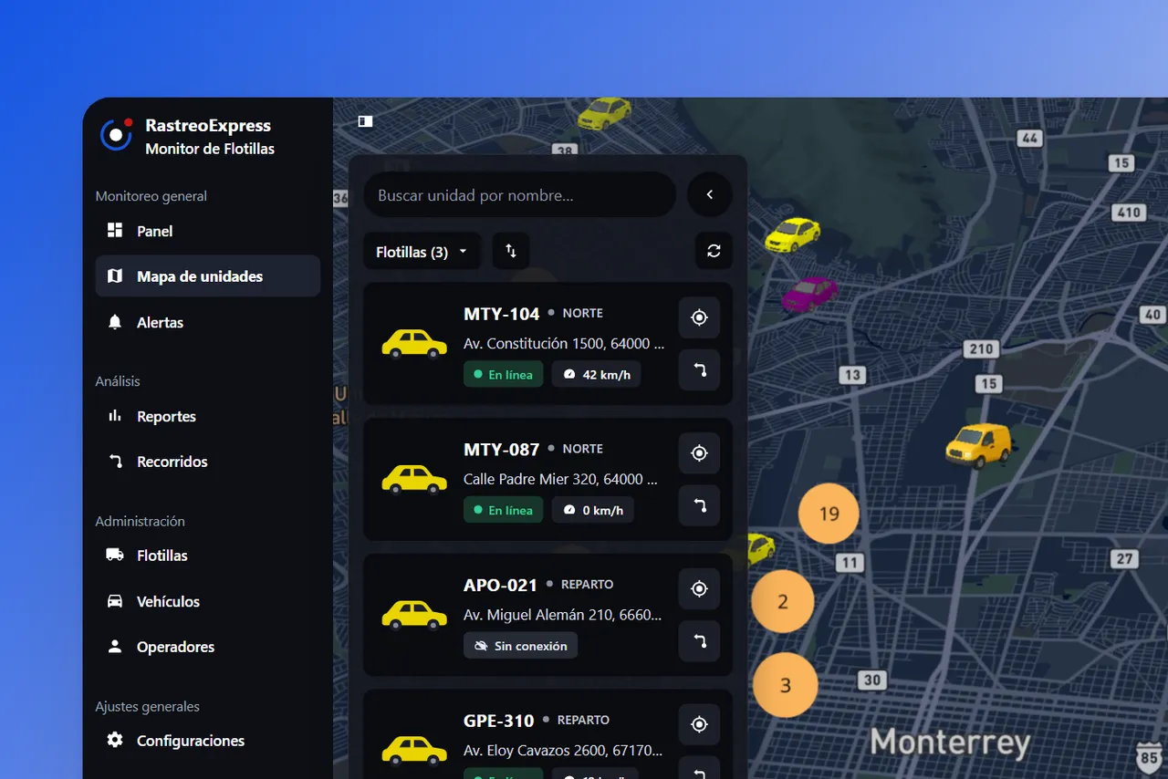 Mapa de unidades en vivo con el panel de flotilla y el estado de cada vehículo
