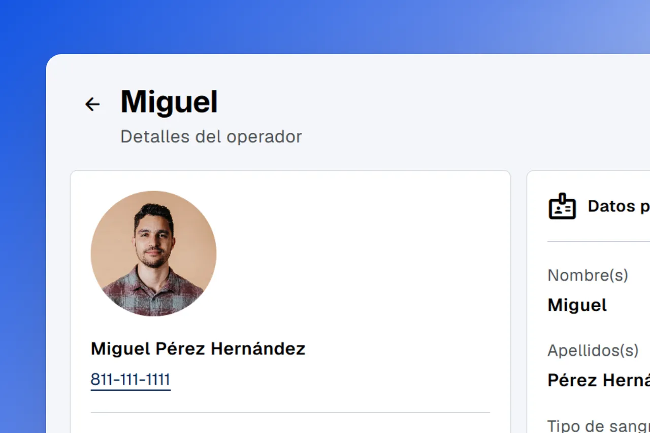 Ficha de un operador con foto, datos personales y teléfonos de contacto
