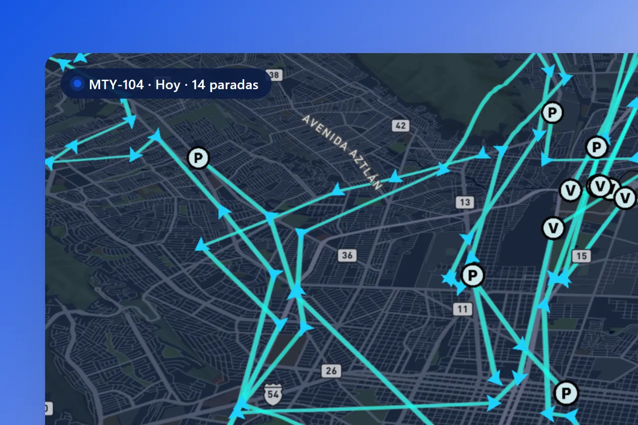 Recorrido de una unidad sobre el mapa con paradas y visitas marcadas