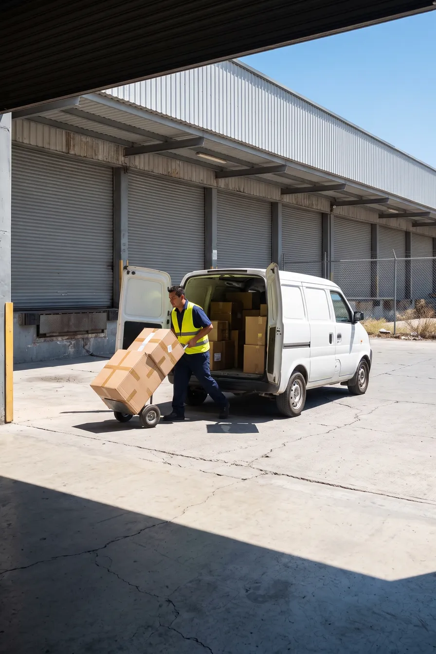 Camioneta de reparto con paquetes en un andén urbano