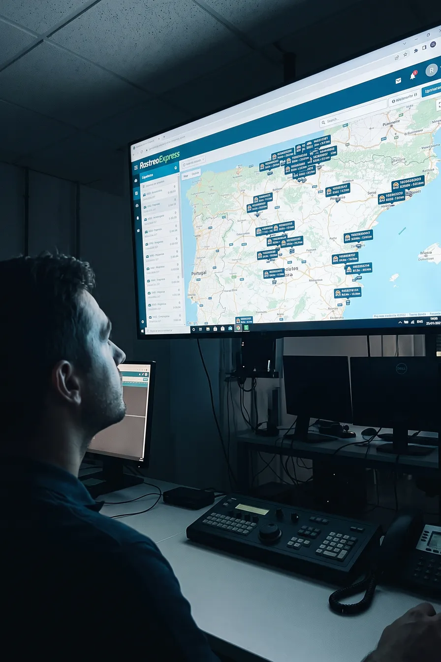 Gerente de flota frente al mapa de unidades en un monitor