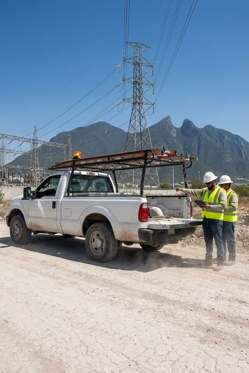 Camioneta de servicio con escaleras en una obra