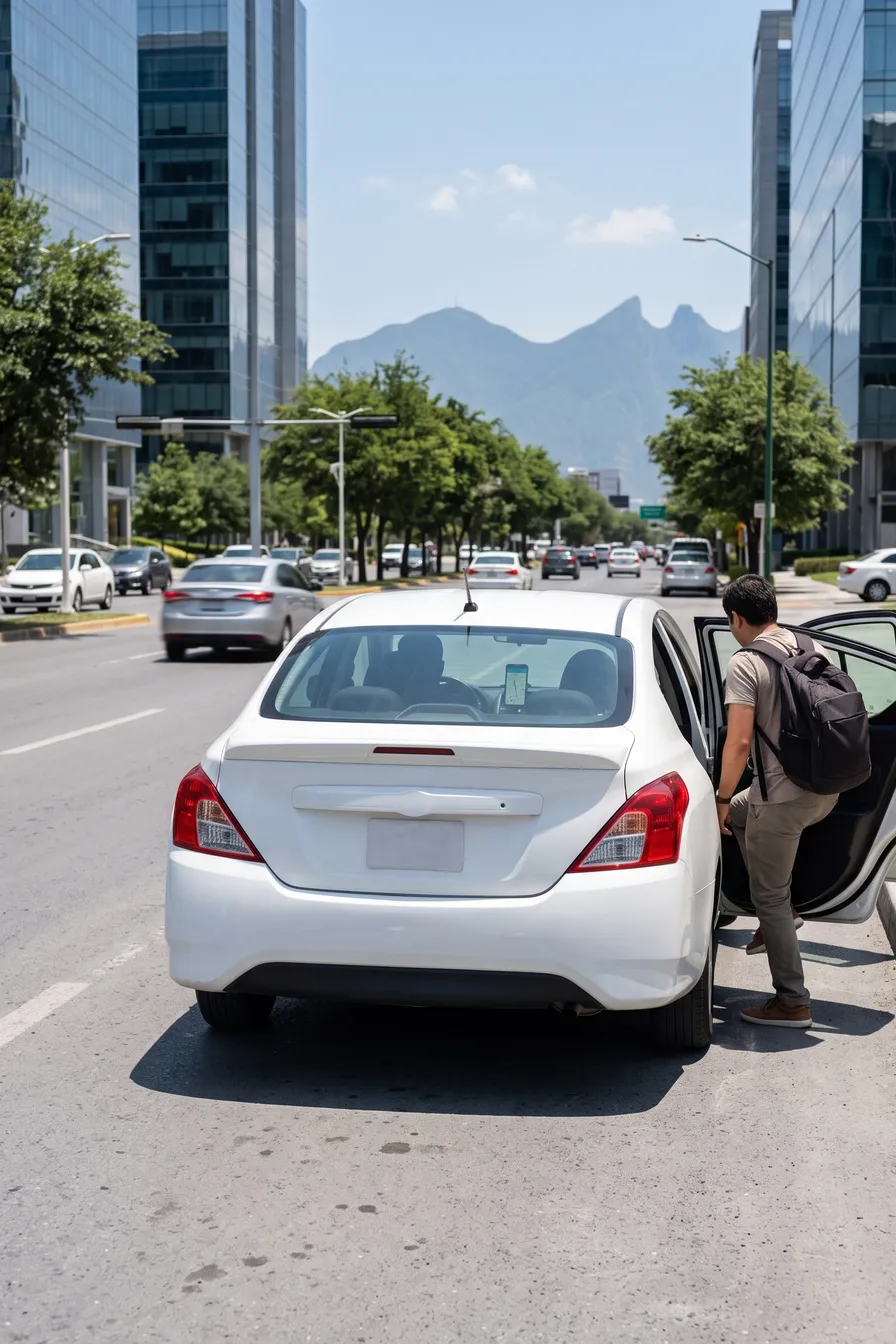 Pasajera subiendo a un auto de plataforma en una avenida de Monterrey al anochecer